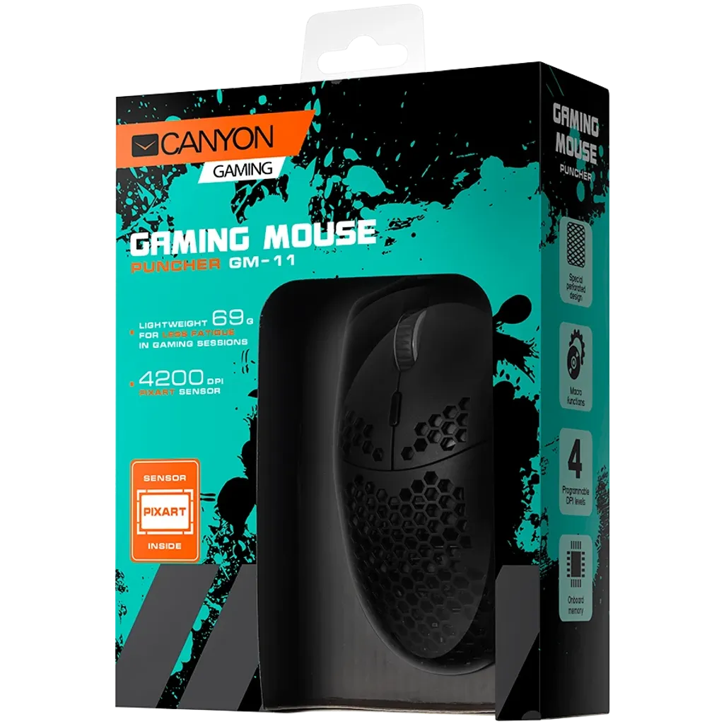 CANYON Puncher GM-11 vadu spēļu pele, RGB, 4200 DPI, 7 pogas, melna