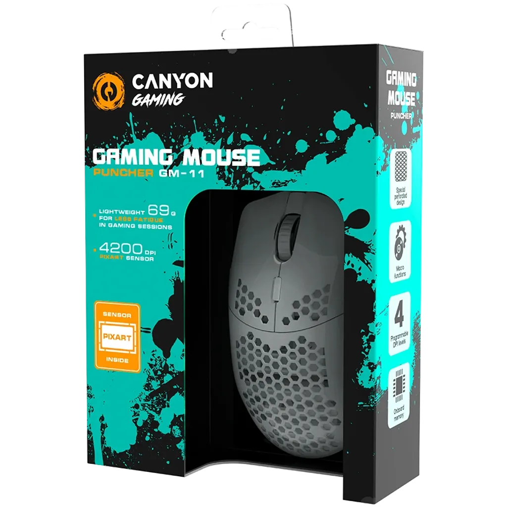 CANYON Puncher GM-11 vadu spēļu pele, RGB, 4200 DPI, 7 pogas, balta