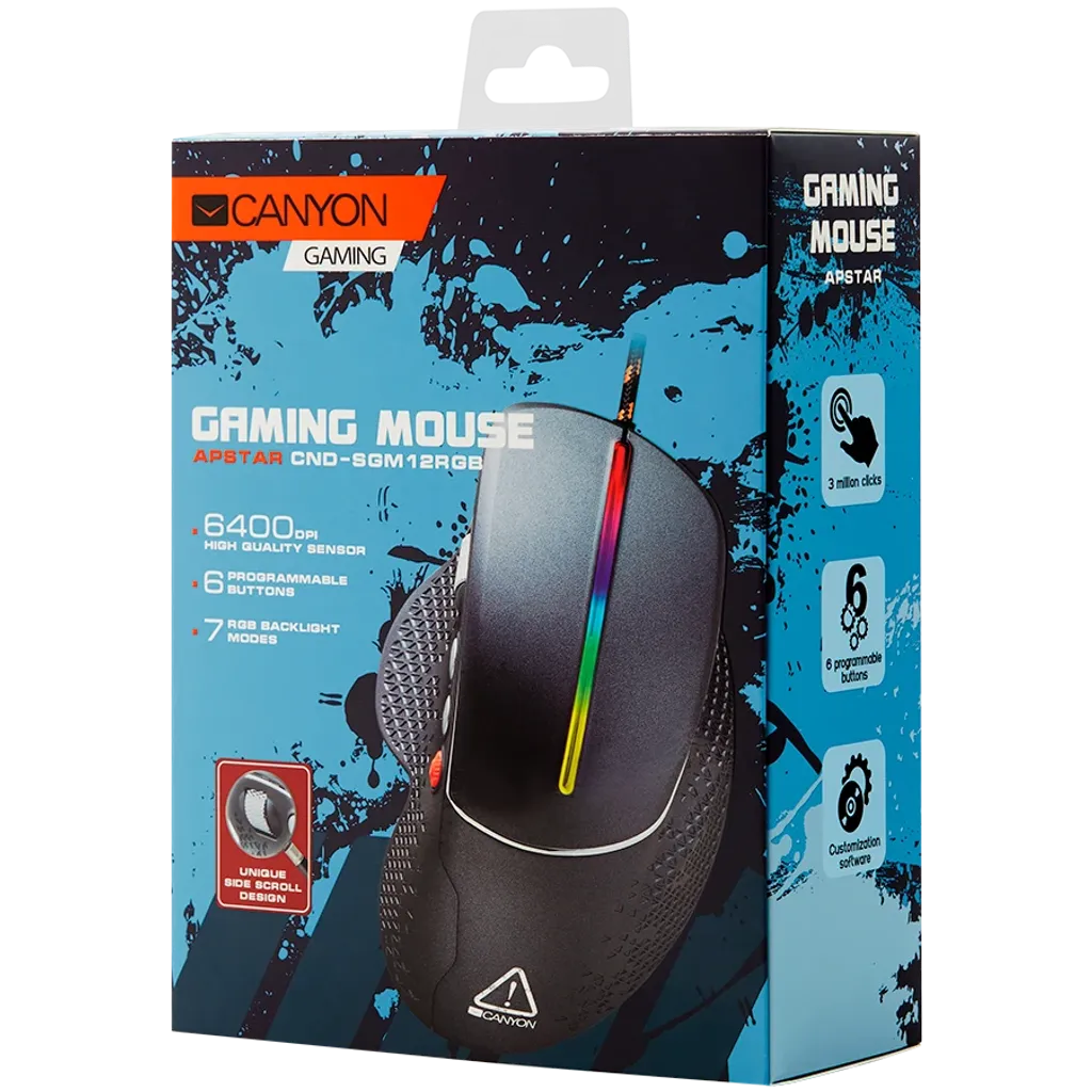 CANYON Apstar GM-12 vadu spēļu pele, RGB, 6400 DPI, 6 pogas, tumši pelēka