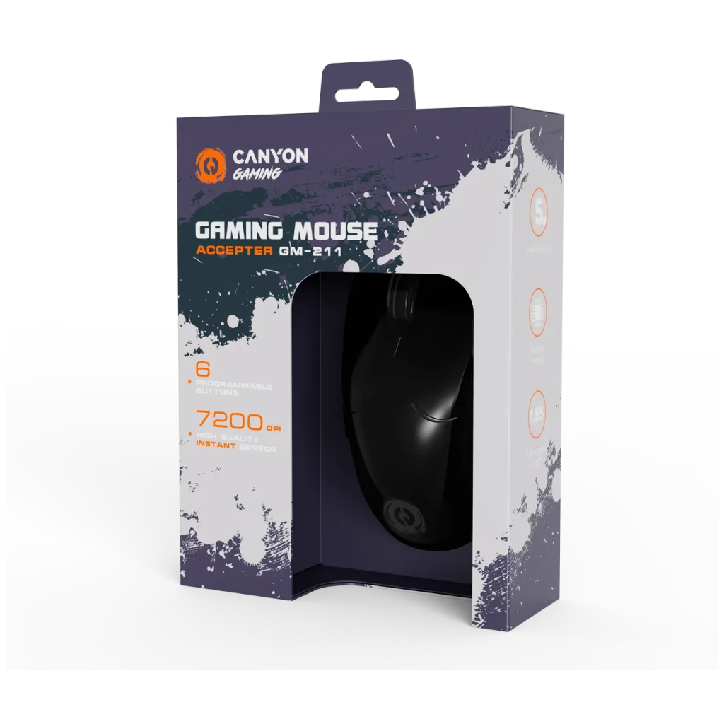 CANYON Accepter GM-211 vadu spēļu pele, 7200 DPI, 6 pogas, melna