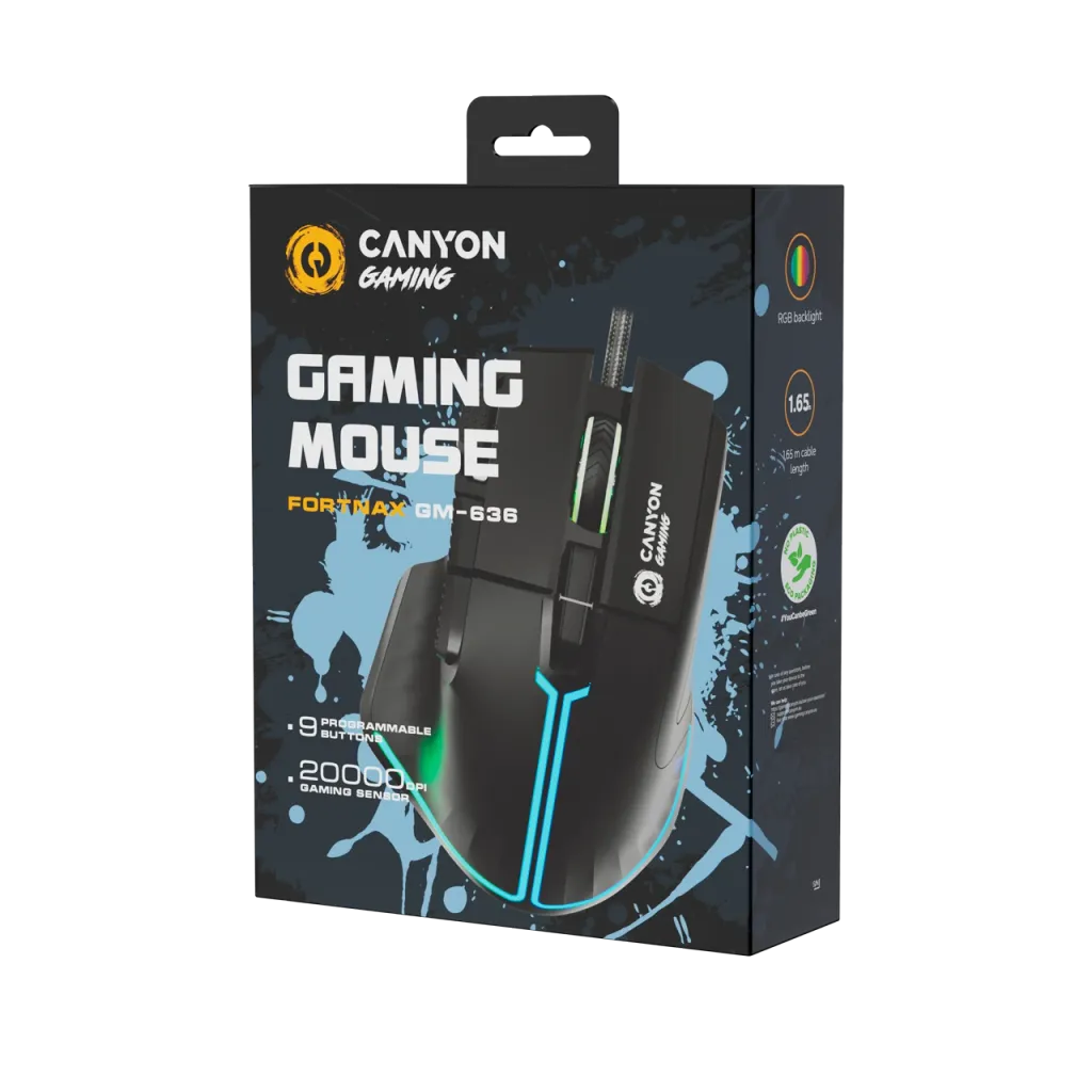 CANYON Fortnax GM-636 vadu spēļu pele, RGB, 20000 DPI, 9 pogas, melna