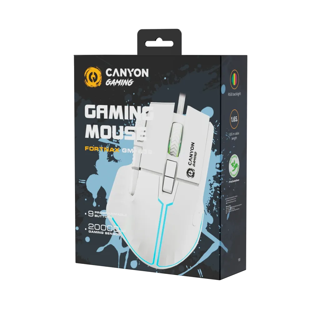 CANYON Fortnax GM-636 vadu spēļu pele, RGB, 20000 DPI, 9 pogas, balta
