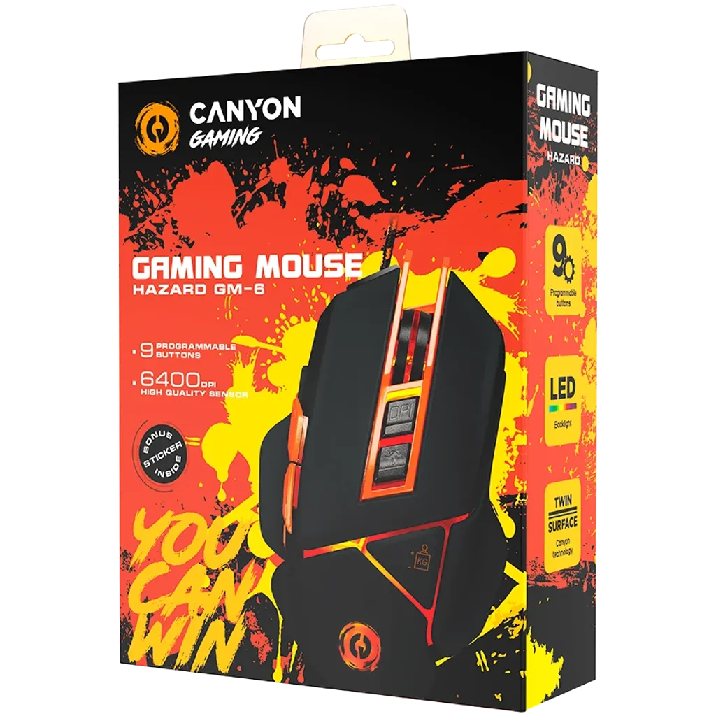 CANYON Hazard GM-6 vadu spēļu pele, 6400 DPI, 9 pogas, melna/oranža