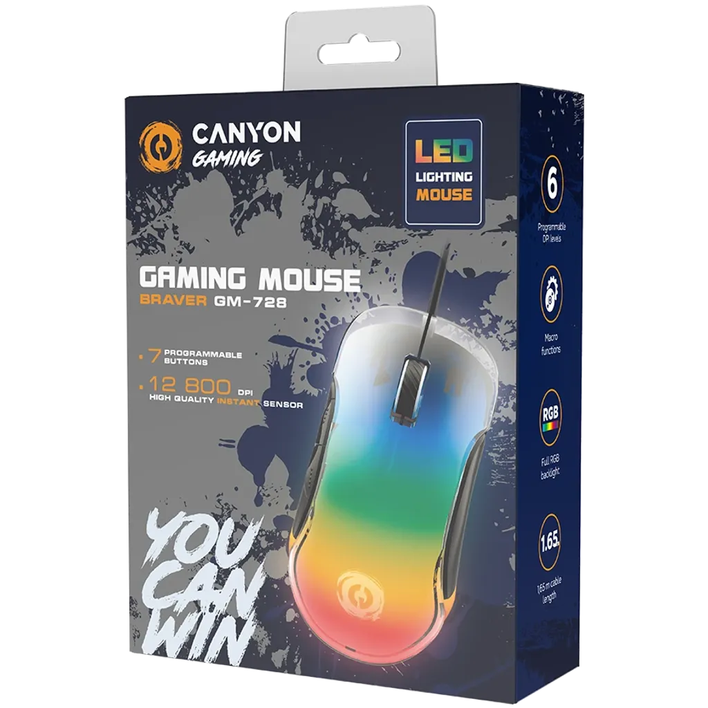 CANYON Braver GM-728 vadu spēļu pele, RGB, 12800 DPI, 7 pogas, melna
