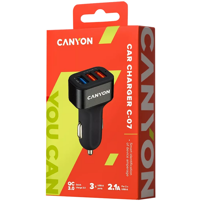 CANYON auto lādētājs C-07 QC 3.0 2.4A/3USB-A Melns