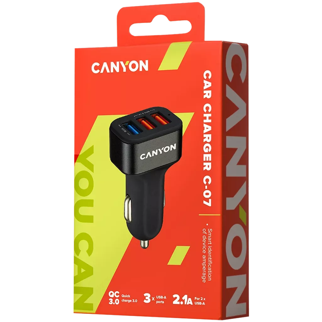 CANYON Car Charger C-07 QC 3.0 2.4A/3USB-A Black