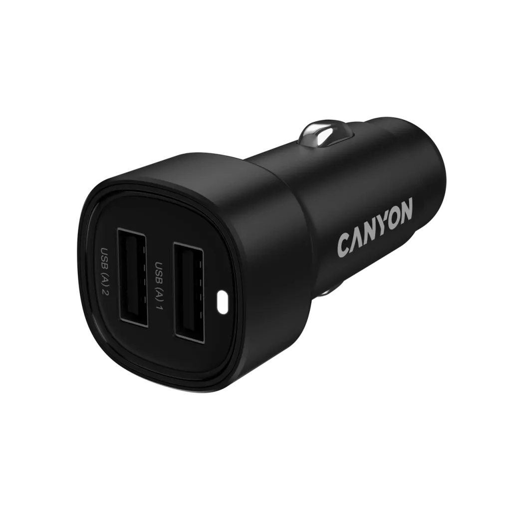 CANYON OnDrive 24 24W auto lādētājs, 2×USB-A, 12/24V, melns
