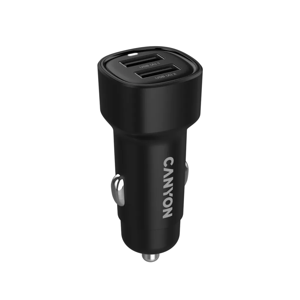 CANYON OnDrive 24 24W auto lādētājs, 2×USB-A, 12/24V, melns