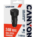 CANYON OnDrive 24 24W auto lādētājs, 2×USB-A, 12/24V, melns