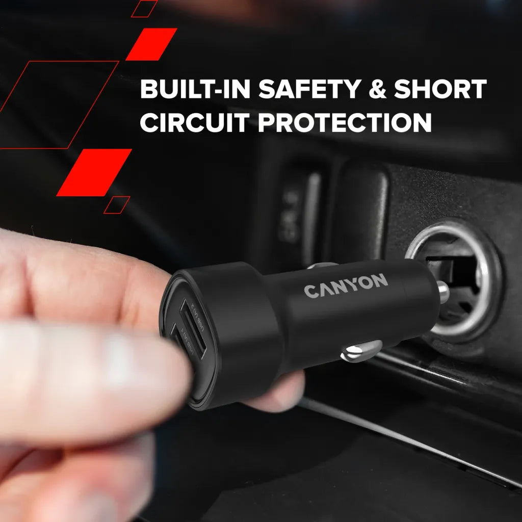 CANYON OnDrive 24 24W auto lādētājs, 2×USB-A, 12/24V, melns