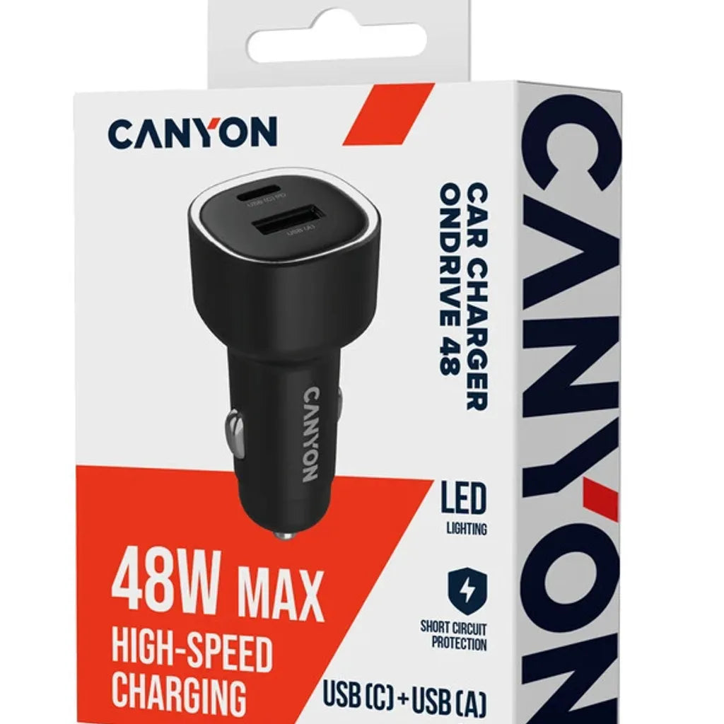 CANYON OnDrive 48 48W auto lādētājs, USB-C PD + USB-A QC, 12/24V, melns
