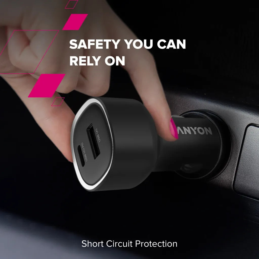 CANYON OnDrive 48 48W auto lādētājs, USB-C PD + USB-A QC, 12/24V, melns