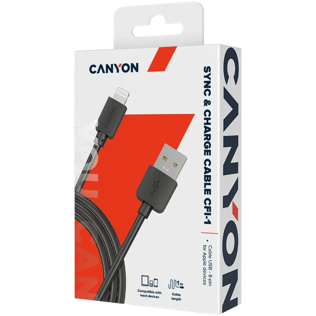Canyon CFI-1 Lightning–USB-A kabelis, 1 m, 5 W, melns