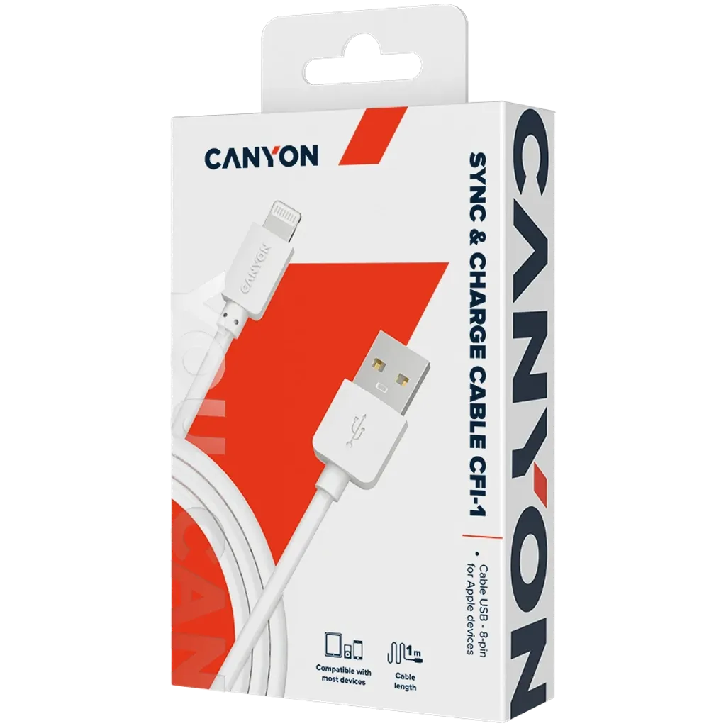 Canyon CFI-1 Lightning–USB-A kabelis, 1 m, 5 W, balts