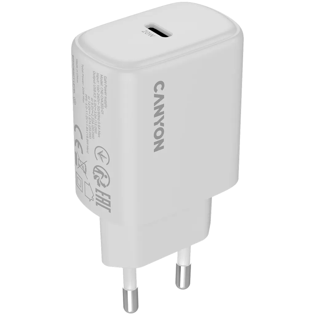 CANYON OnCharge 200 20W USB-C PD/PPS tīkla lādētājs, balts