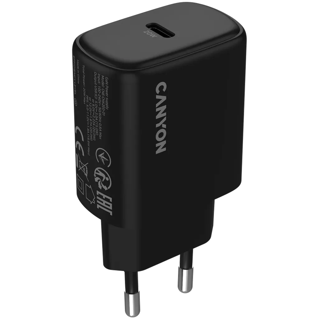 CANYON OnCharge 200 20W USB-C PD/PPS tīkla lādētājs, melns