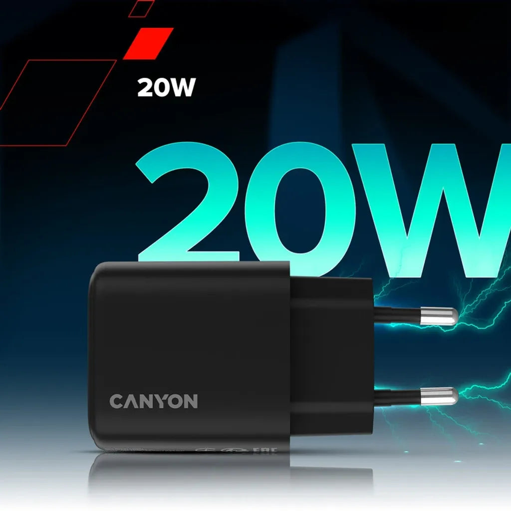 CANYON OnCharge 200 20W USB-C PD/PPS tīkla lādētājs, melns