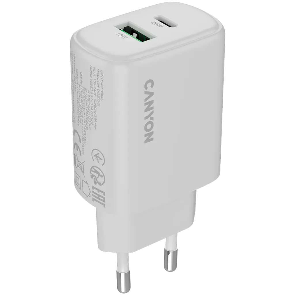 CANYON OnCharge 200 QC 20W USB-C/USB-A PD/PPS tīkla lādētājs, balts