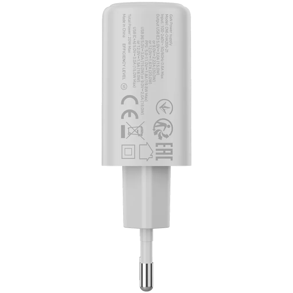 CANYON OnCharge 200 QC 20W USB-C/USB-A PD/PPS tīkla lādētājs, balts
