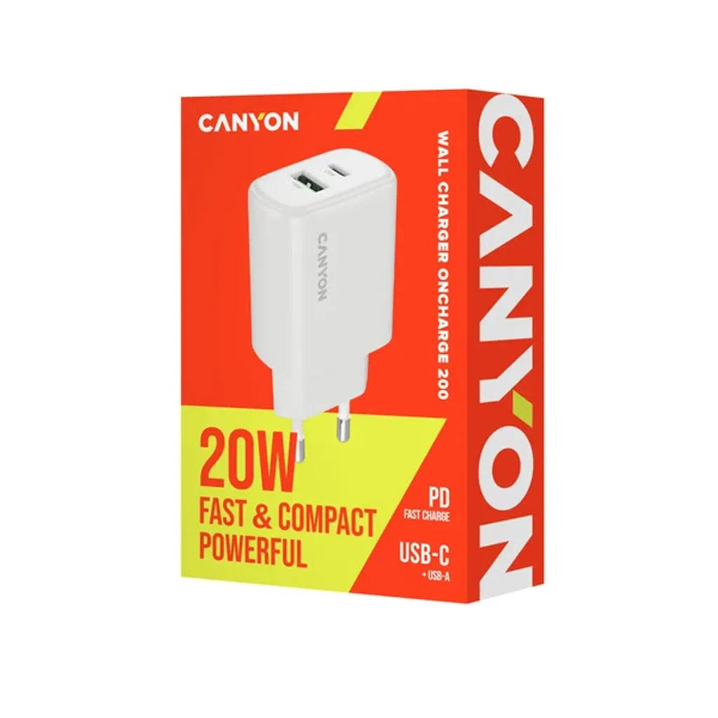 CANYON OnCharge 200 QC 20W USB-C/USB-A PD/PPS tīkla lādētājs, balts