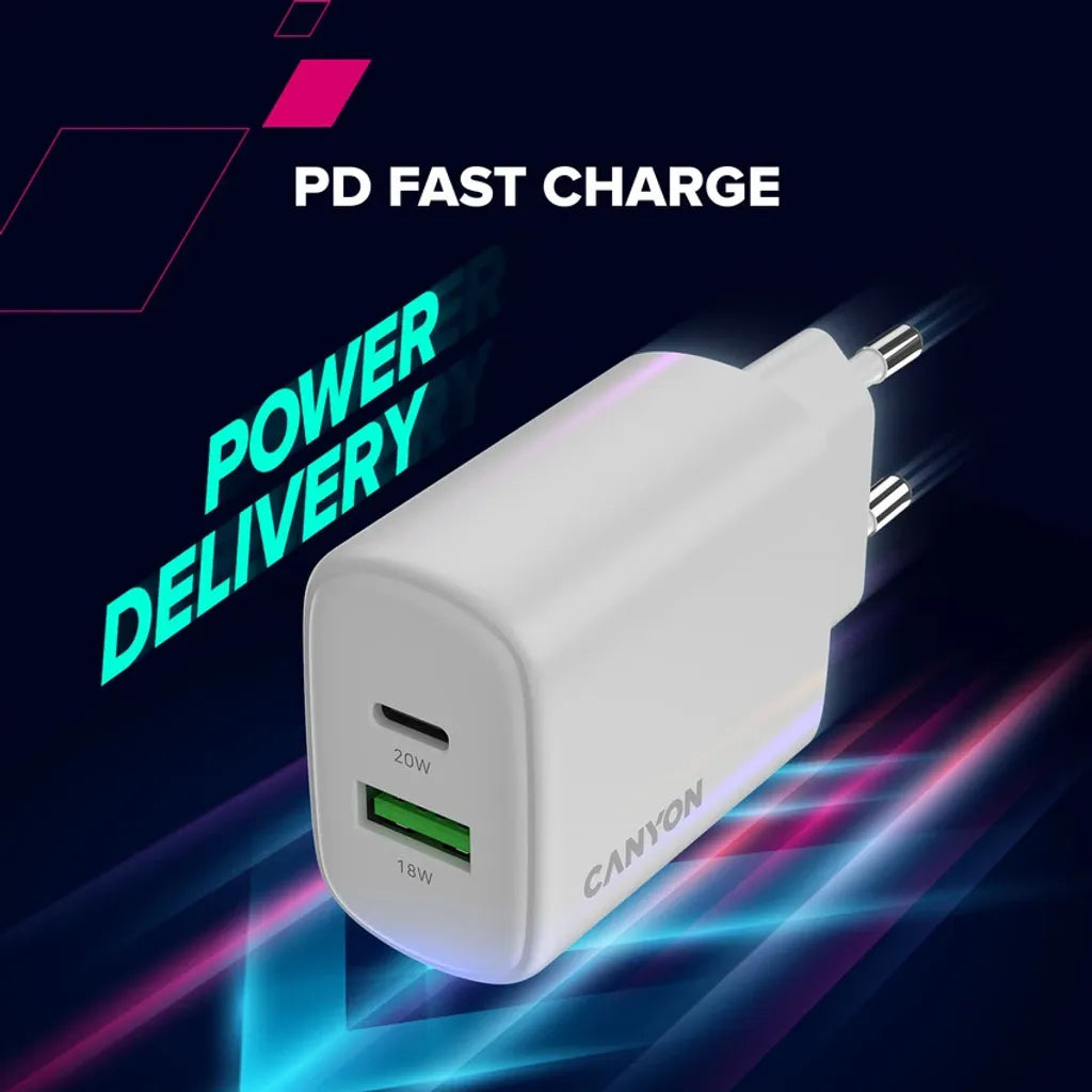 CANYON OnCharge 200 QC 20W USB-C/USB-A PD/PPS tīkla lādētājs, balts