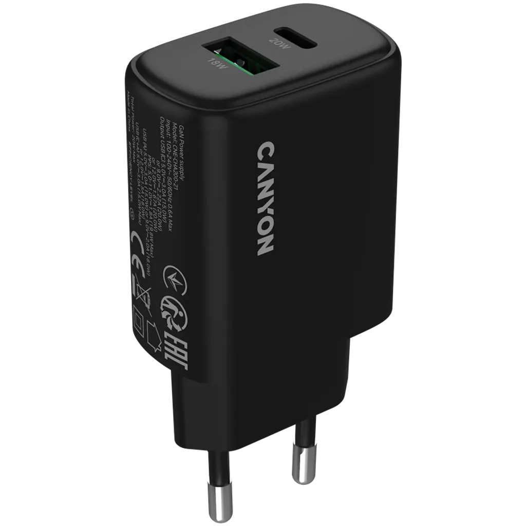 CANYON OnCharge 200 QC 20W USB-C/USB-A PD/PPS tīkla lādētājs, melns