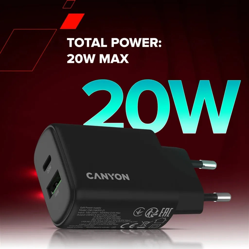 CANYON OnCharge 200 QC 20W USB-C/USB-A PD/PPS tīkla lādētājs, melns