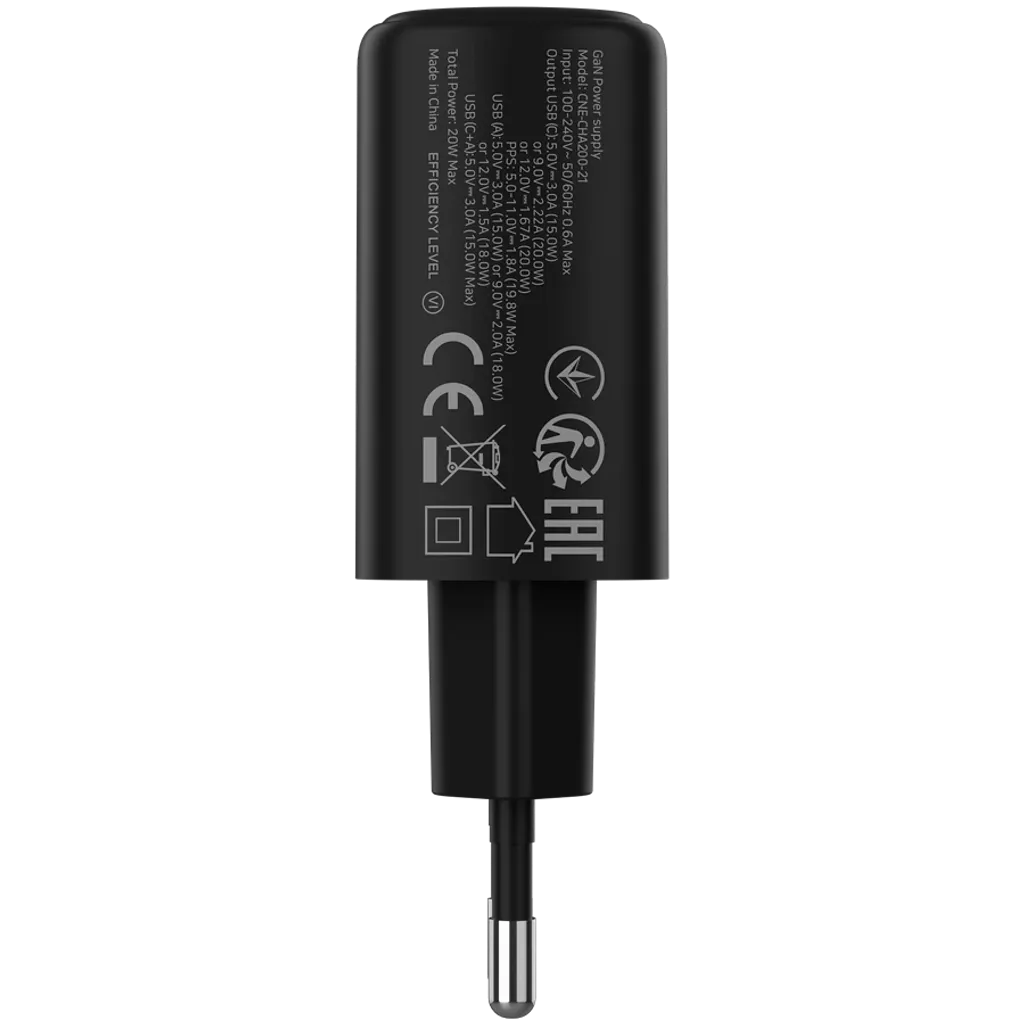 CANYON OnCharge 200 QC 20W USB-C/USB-A PD/PPS tīkla lādētājs, melns