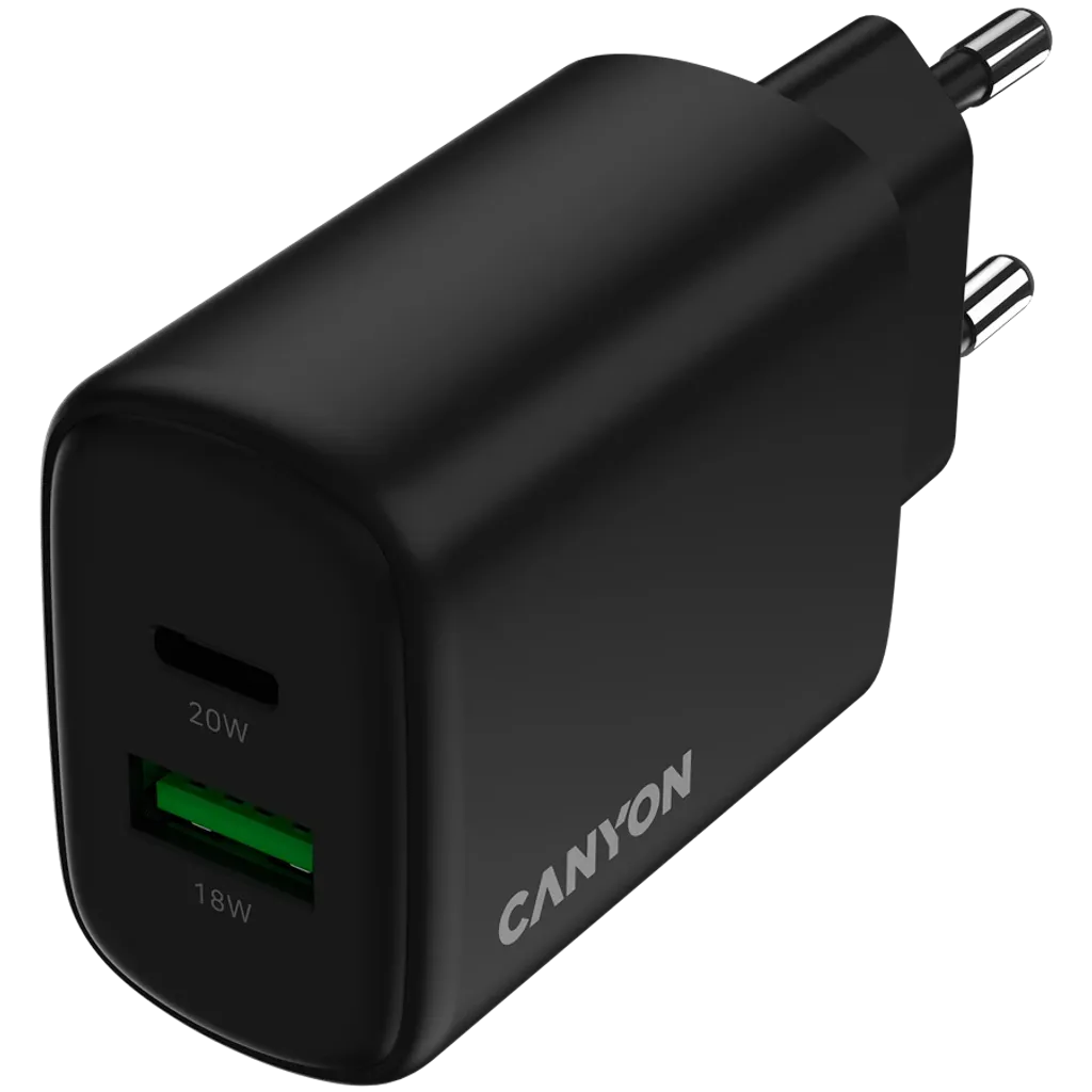 CANYON OnCharge 200 QC 20W USB-C/USB-A PD/PPS tīkla lādētājs, melns