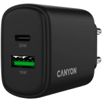 CANYON OnCharge 200 QC 20W USB-C/USB-A PD/PPS tīkla lādētājs, melns