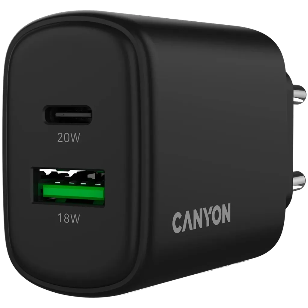 CANYON OnCharge 200 QC 20W USB-C/USB-A PD/PPS tīkla lādētājs, melns