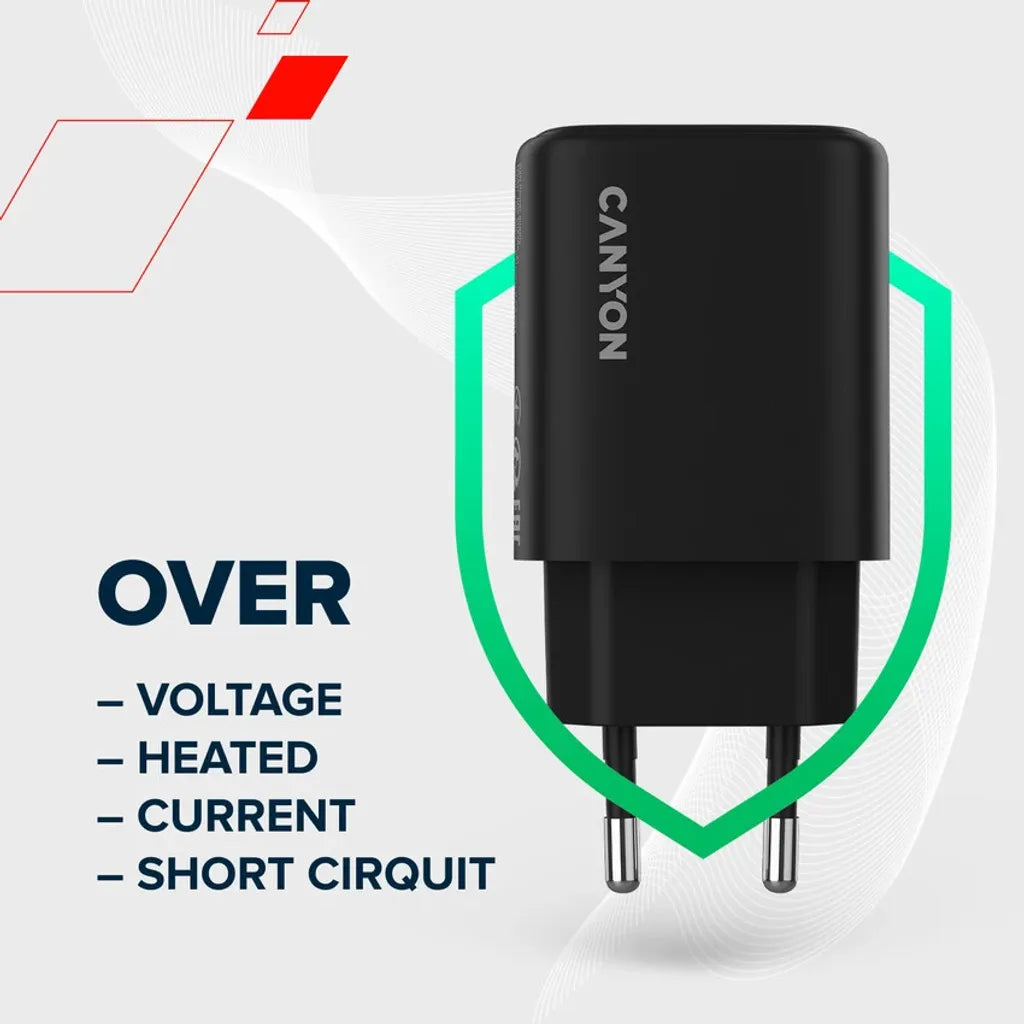 CANYON OnCharge 200 QC 20W USB-C/USB-A PD/PPS tīkla lādētājs, melns