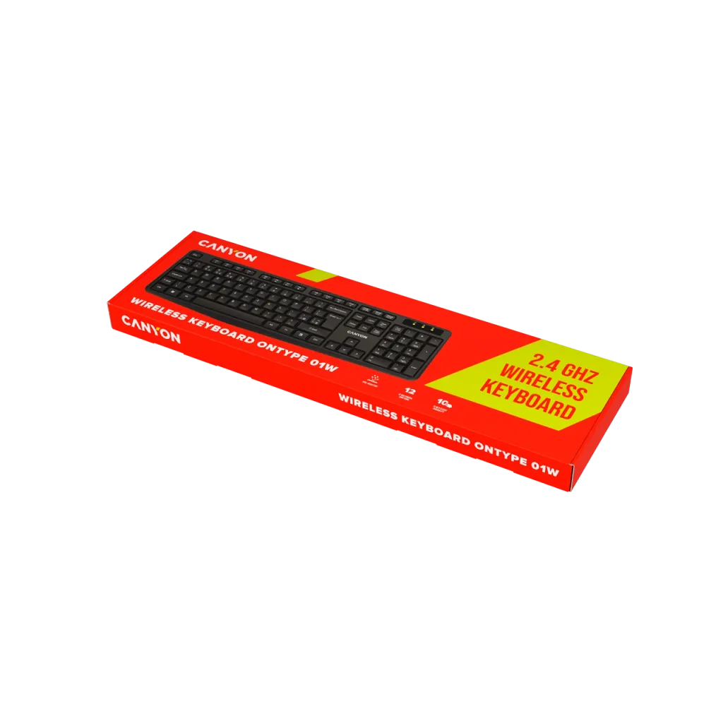 CANYON OnType W01 bezvadu tastatūra, 2,4 GHz, pilna izmēra, melna