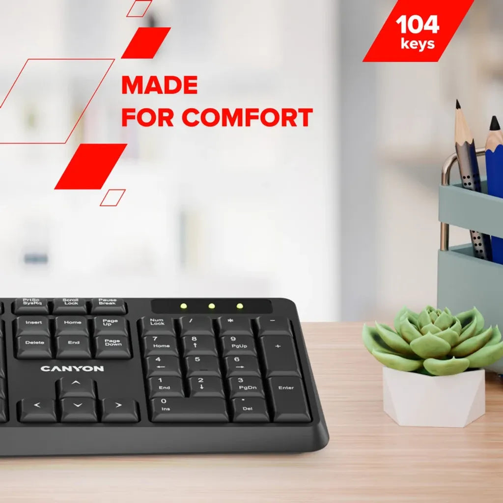CANYON OnType W01 bezvadu tastatūra, 2,4 GHz, pilna izmēra, melna