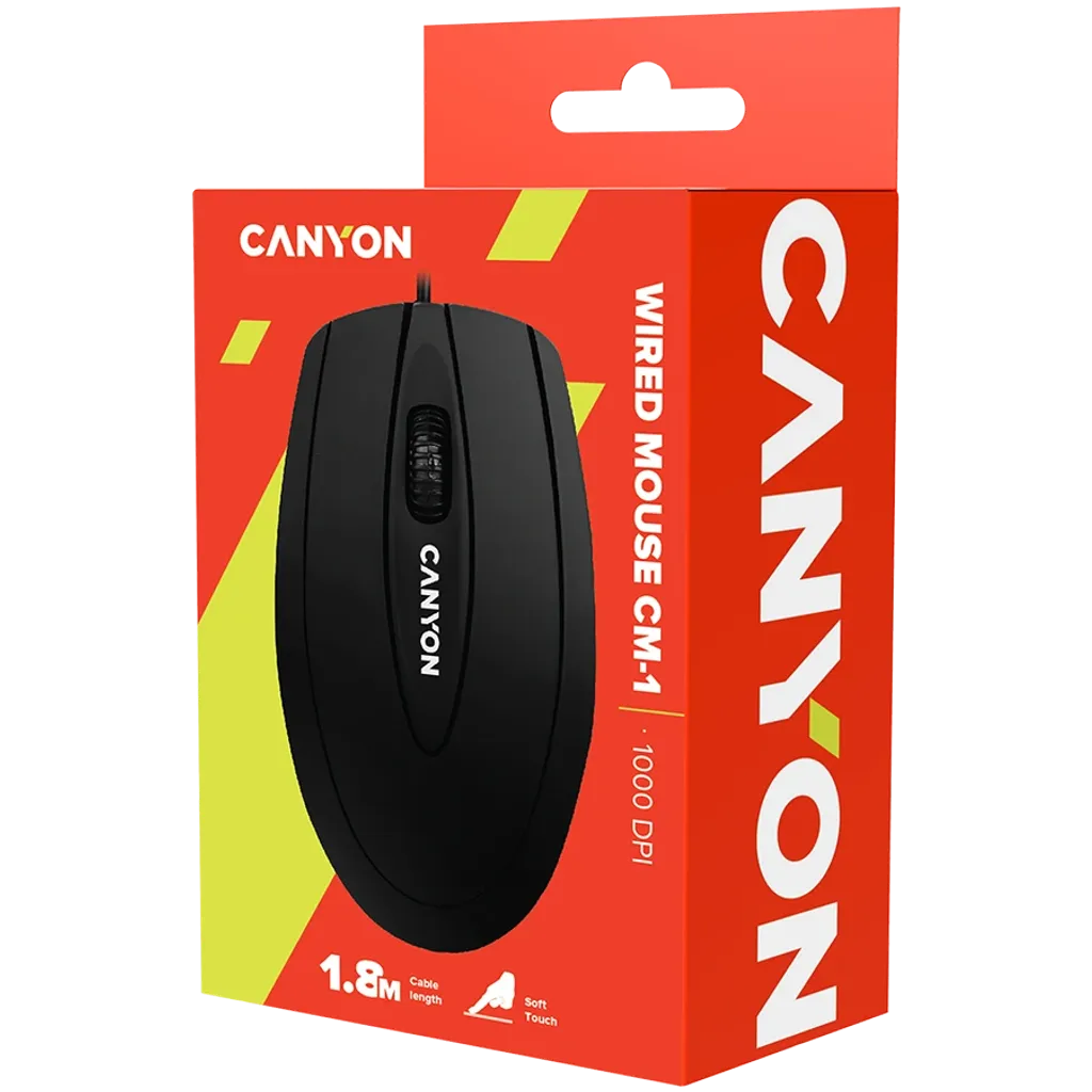 CANYON CM-1 vadu optiskā pele, 1000 dpi, 3 pogas, melna