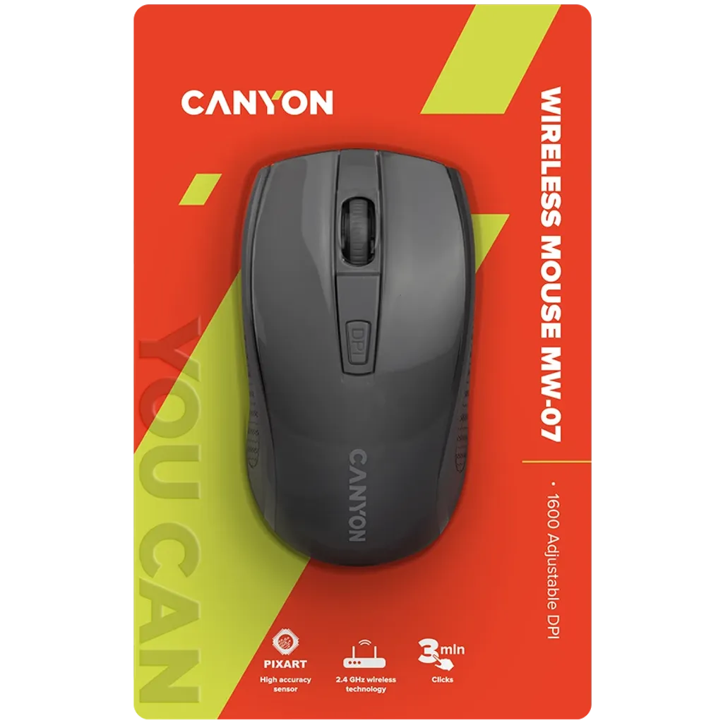 CANYON MW-7 bezvadu optiskā pele, 1600 dpi, 4 pogas, melna