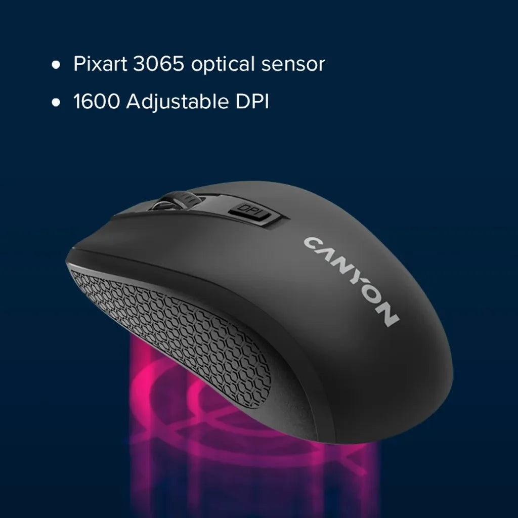CANYON MW-7 bezvadu optiskā pele, 1600 dpi, 4 pogas, melna