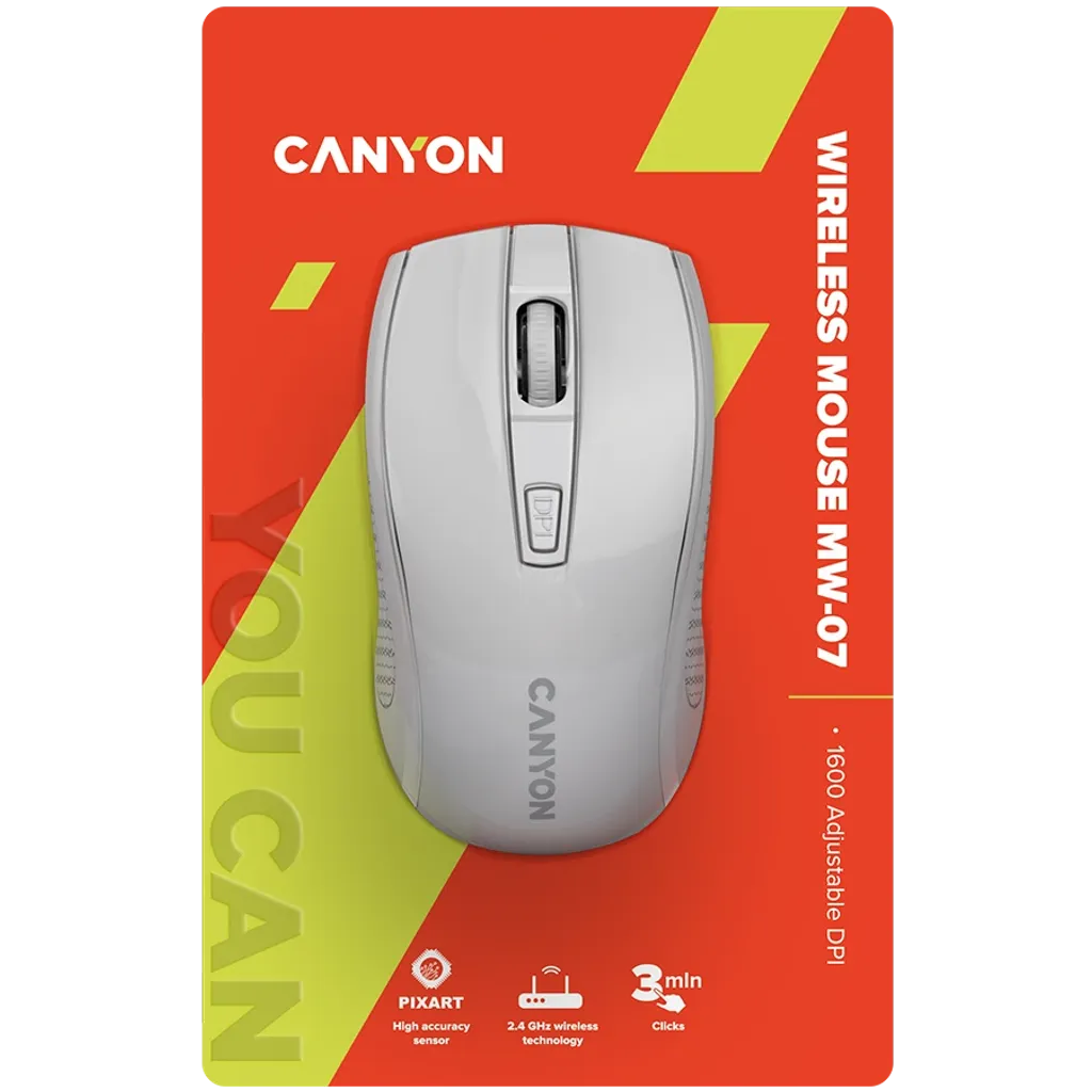 CANYON MW-7 bezvadu optiskā pele, 1600 dpi, 4 pogas, balta