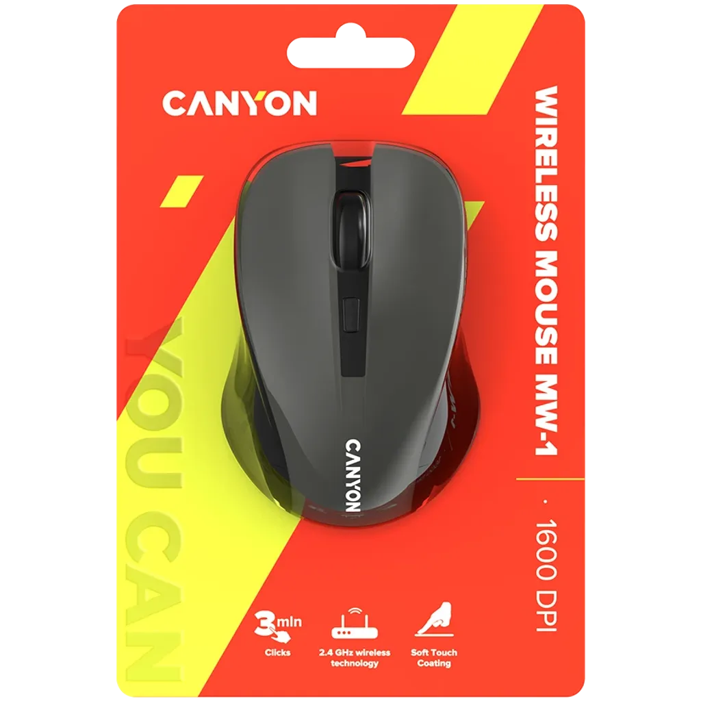 CANYON MW-1 bezvadu optiskā pele, 1600 dpi, 3 pogas, pelēka