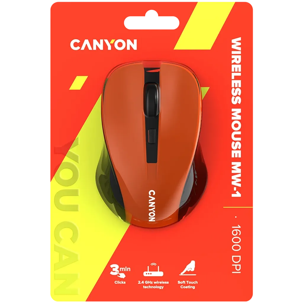 CANYON MW-1 bezvadu optiskā pele, 1600 dpi, 3 pogas, oranža