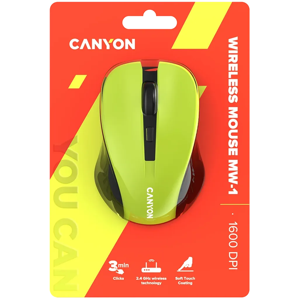 CANYON OnClick W01 bezvadu optiskā pele, 1600 dpi, 3 pogas, dzeltena