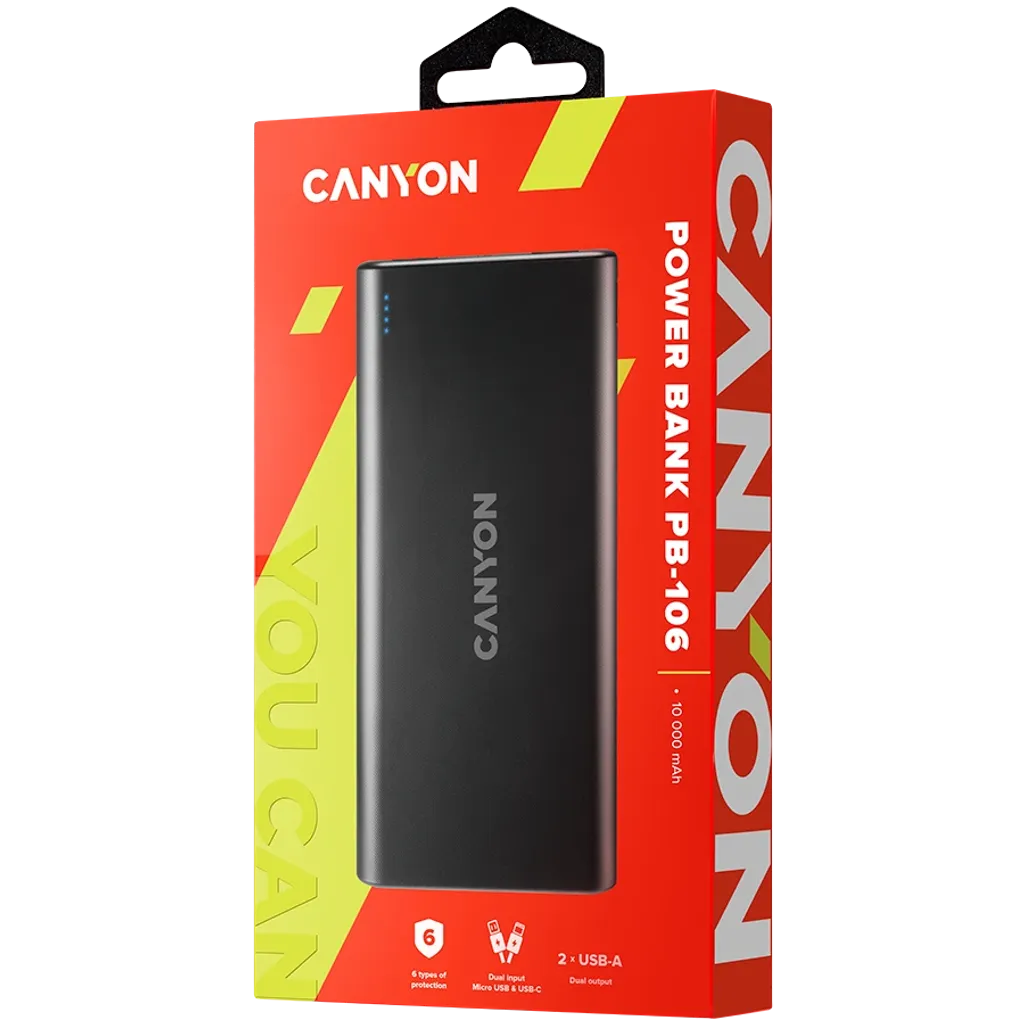 10W CANYON PB-106 10000mAh powerbanka ar 2×USB-A, melna