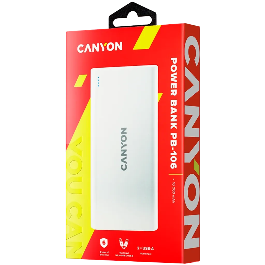 10W CANYON PB-106 10000mAh powerbanka ar 2×USB-A, balta
