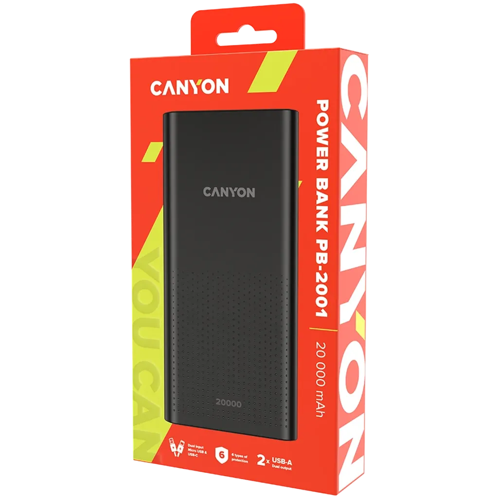 10W CANYON PB-2001 20000mAh powerbanka ar 2×USB-A, melna