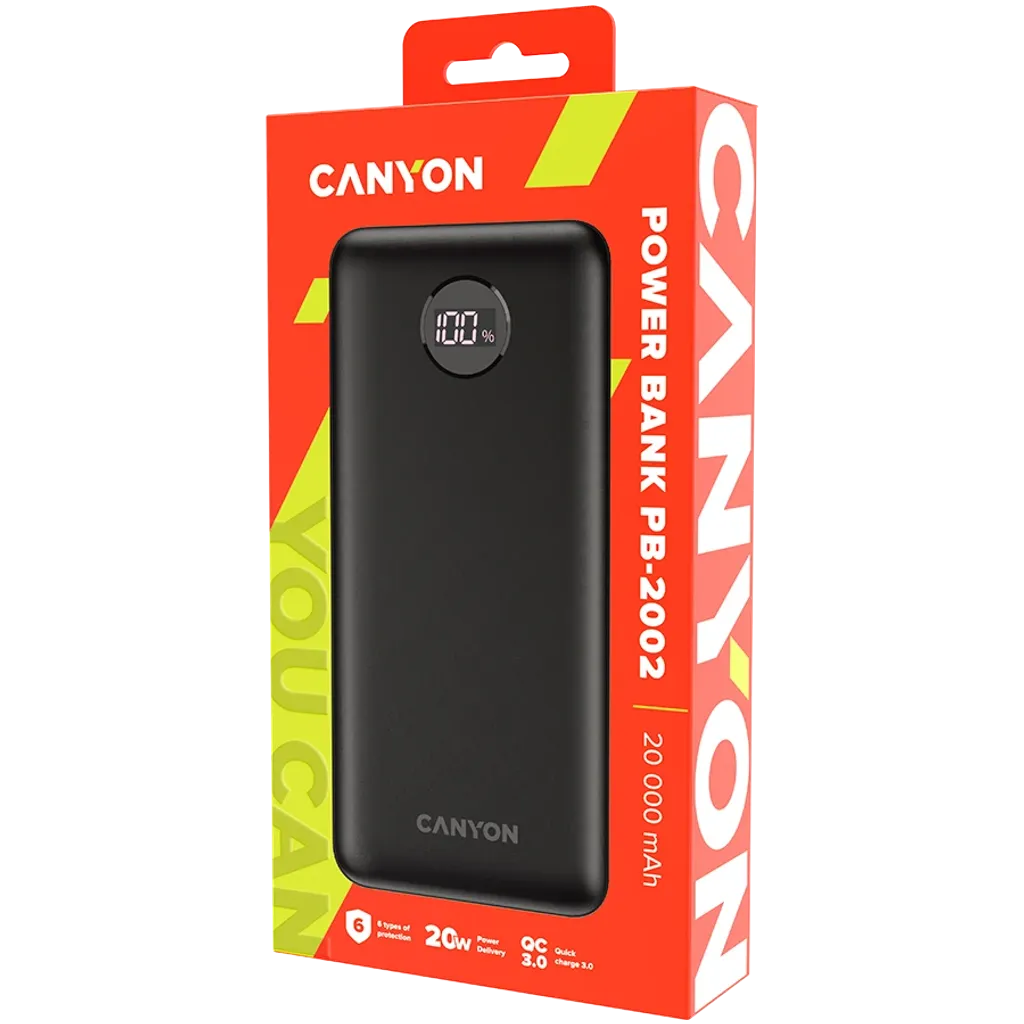 22.5W CANYON PB-2002 20000mAh powerbanka ar USB-C PD un 2×USB-A QC 3.0
