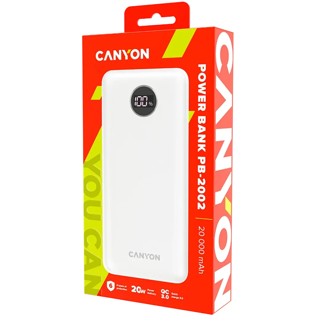 22.5W CANYON PB-2002 20000mAh powerbanka ar USB-C PD un 2×USB-A QC 3.0, balta