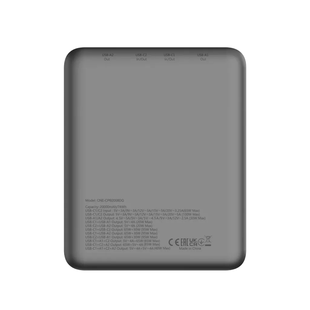 CANYON väline aku PB-2008 LED FLAT 20 000 mAh PD100W QC3.0 tumehall