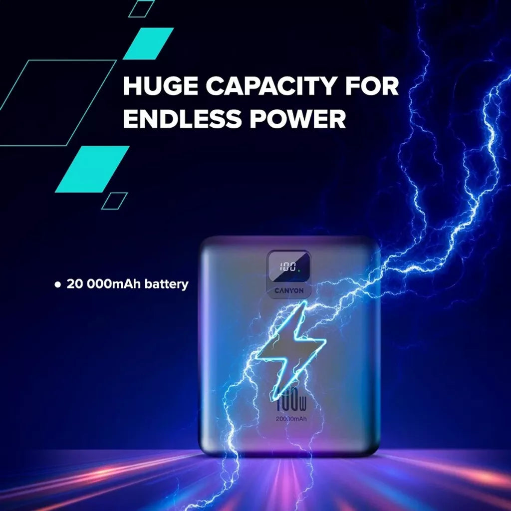 CANYON väline aku PB-2008 LED FLAT 20 000 mAh PD100W QC3.0 tumehall
