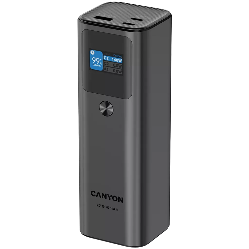 CANYON Power Bank PB-2010 TFT 27,000 mAh 97.2 Wh 140 W PD QC 3.0 Dark Gray