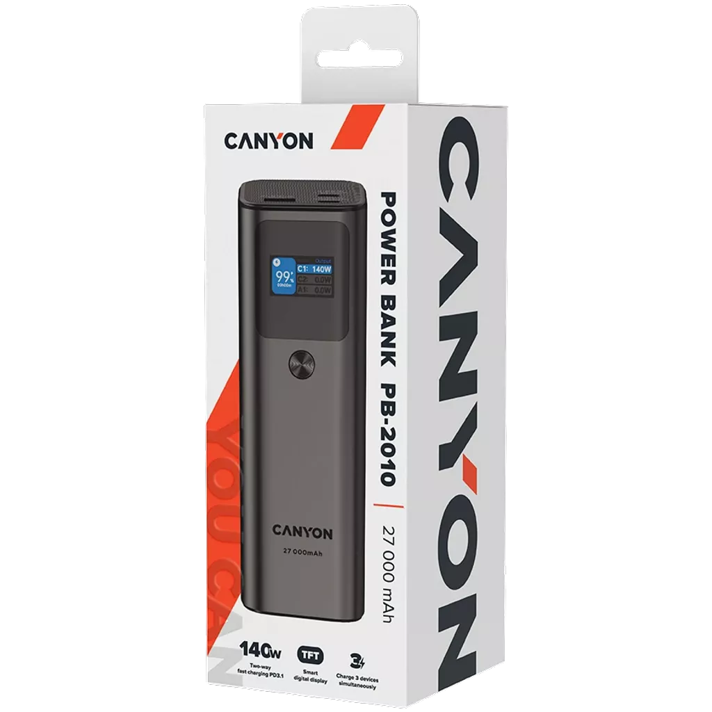 CANYON Power Bank PB-2010 TFT 27,000 mAh 97.2 Wh 140 W PD QC 3.0 Dark Gray